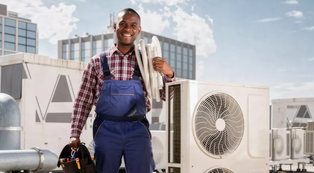 A digital thermostat showing an energy-efficient temperature setting for an air conditioner in a modern Kampala home