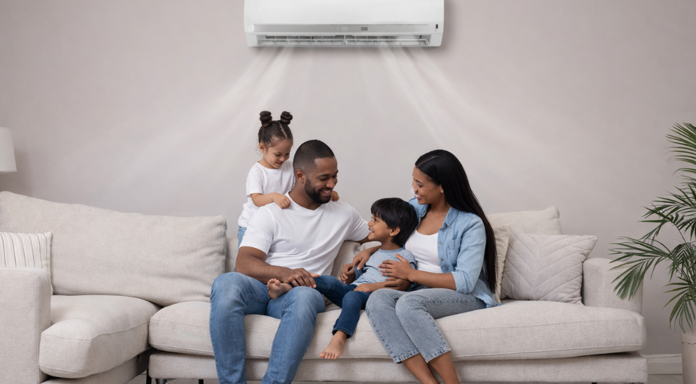 A professional technician from Kampala City Coolers performing a multi-point AC service check on a wall-mounted unit.
